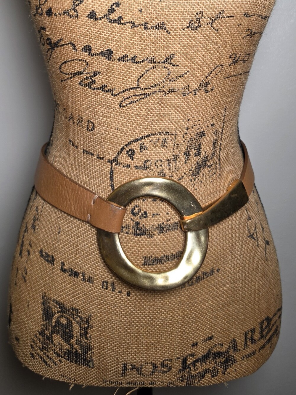 Coldwater Creek Tan Leather Belt with Large Gold Ring Buckle